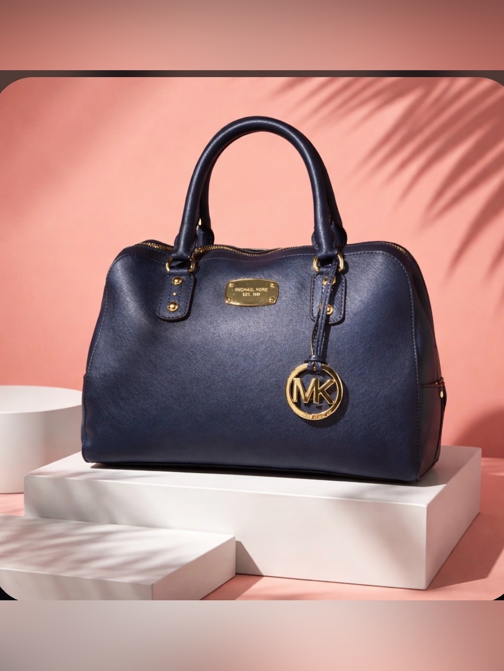 Michael Kors Navy Saffiano Satchel with Gold Hardware